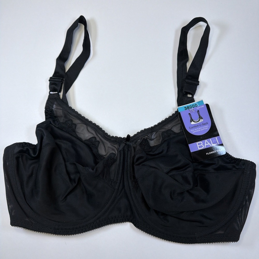 Bali 0180 Lace Comfort U Flower Full Figure Bra Unlined Womens 38DDD Black New